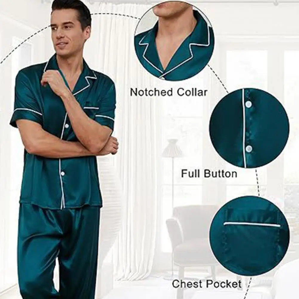 Breathable PAJAMA ชุดหรูหราผ้าไหมซาตินชุดนอนชุดสําหรับผู้ชายผู้หญิง Notch COLLAR ปุ่มลงด้านบนพร้อมกระเป๋าหน้าอกยืดหยุ่น