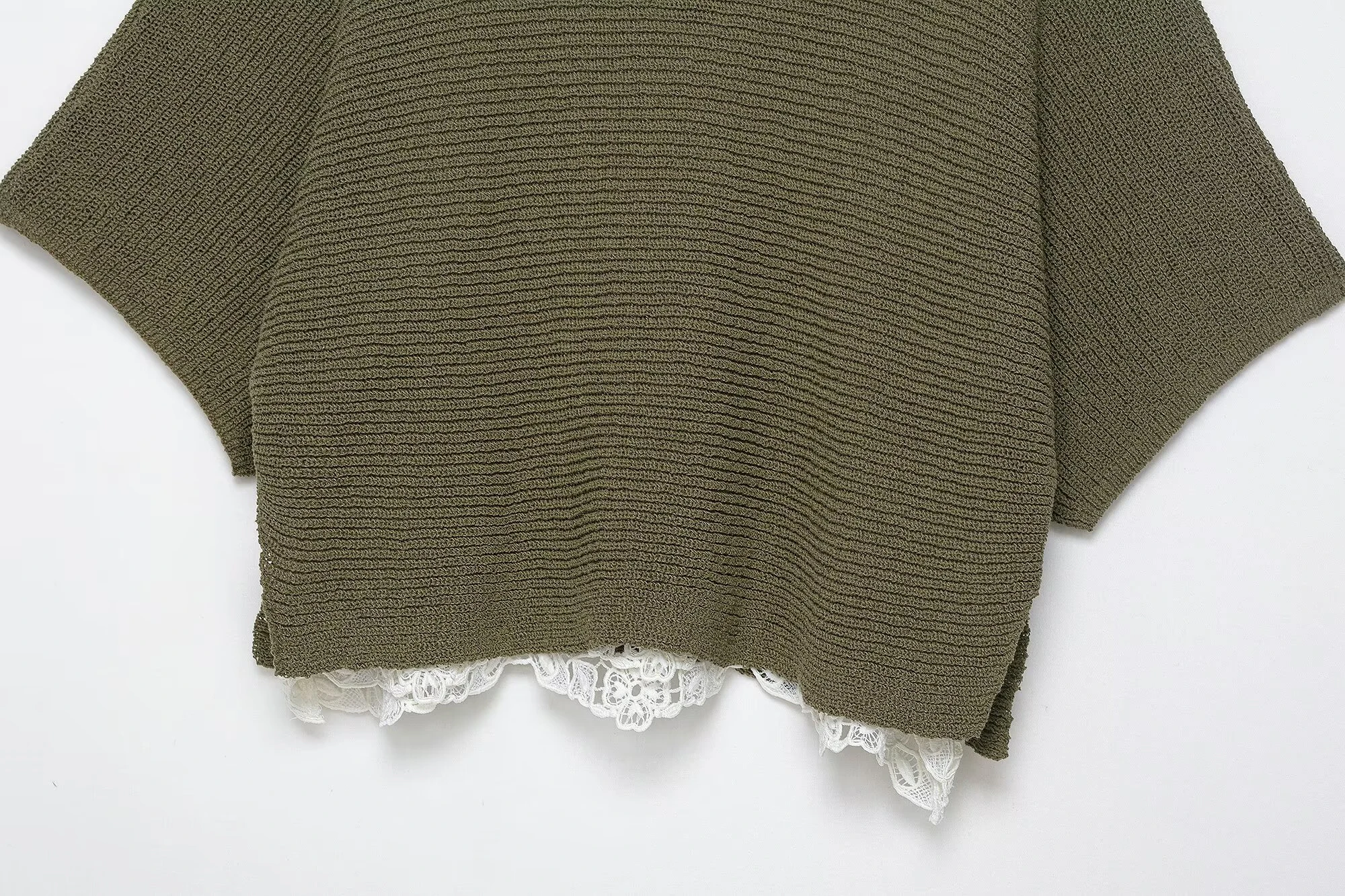 خريف منتج جديد المرأة قصيرة الأكمام الدانتيل الربط قطعة واحدة الرقبة قصيرة الأكمام محبوك قميص القرن كم #4