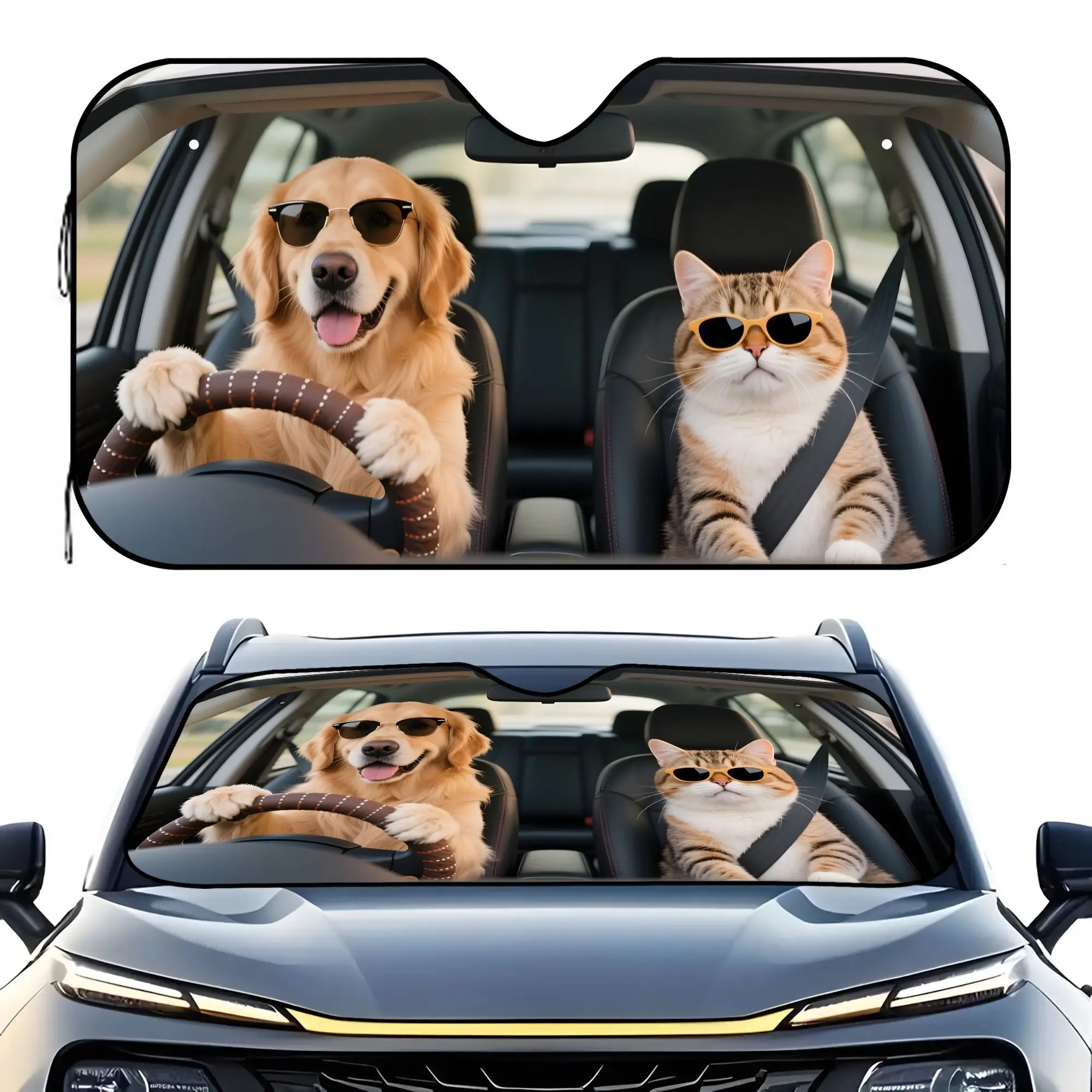 

1 шт. козырек на лобовое стекло автомобиля — теплоизоляция и защита от ультрафиолета, дизайн для кошек и собак, стильный свернутый солнцезащитный козырек из полиэстера для