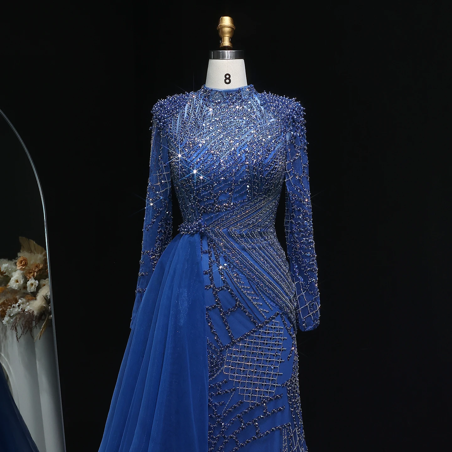 Sharon Said Luxuriöses Perlenbesetztes Staubrosafarbenes Abendkleid mit Schlitz-Seitenrock, Damenkleid mit Langen Ärmeln für Hochzeitsfeier, SS064 Maßanfertigung – Detail 15