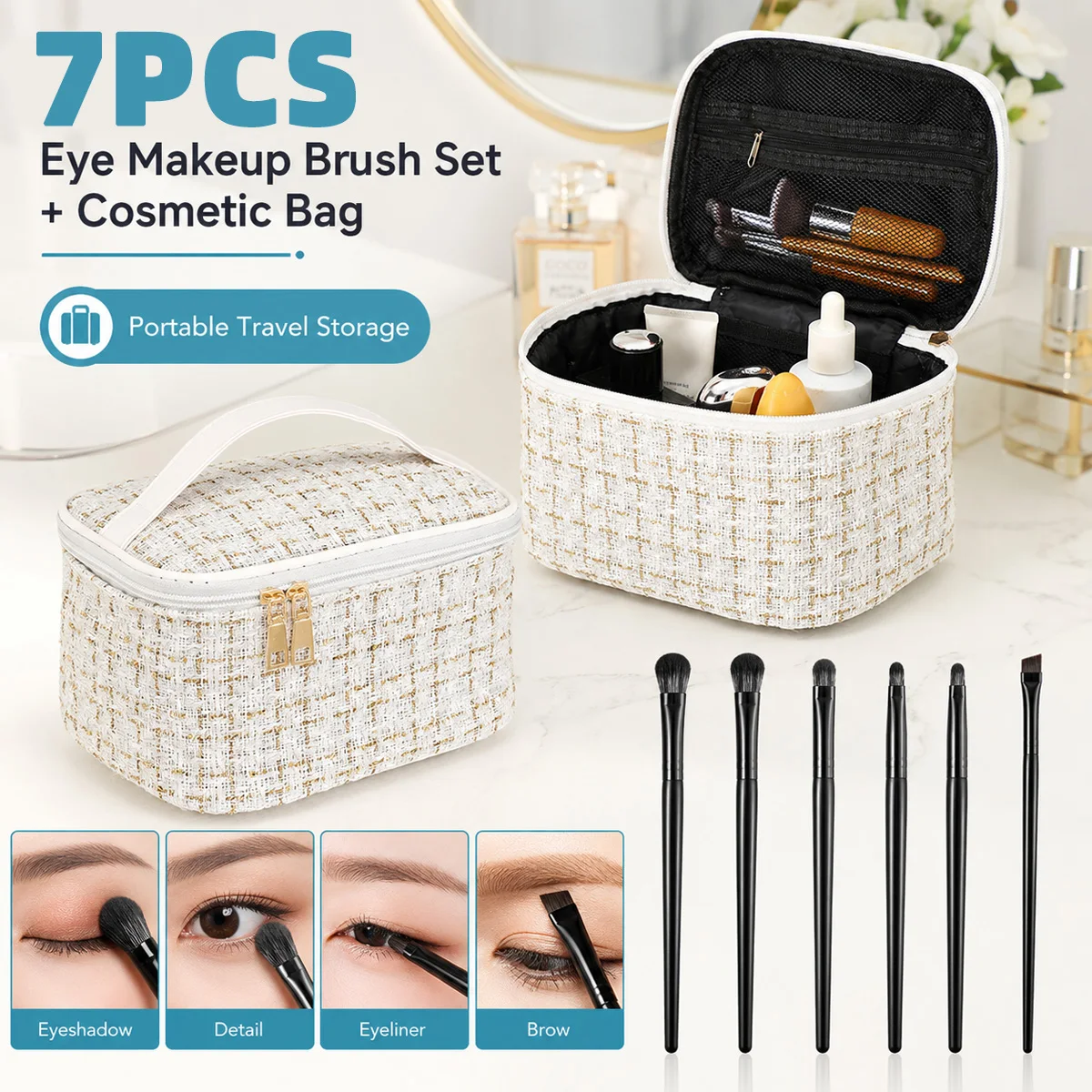 Portable Makeup Brushes 6PCS Set with Tweed Cosmetic Storage Bag Women Beauty Tool Kit for Travel Daily Use Gift
