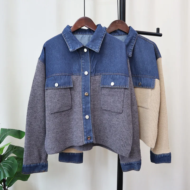 

Autumn Winter Patchwork Denim Knitted Cardigan Korean Style Loose Fit Versatile Stylish Design Woolen Sweater Coat for Women