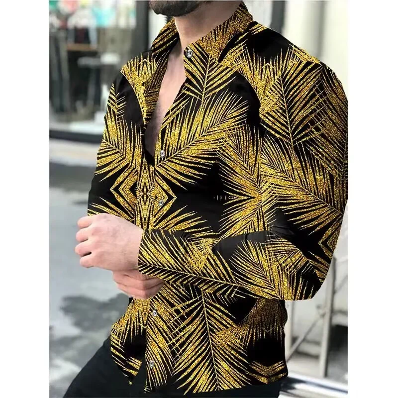 2024 New Spring/Summer Autumn Fashion 3D Digital Printing Retro Pattern Button Shirt Men\'s Casual Long Sleeve Shirt Collar Top S