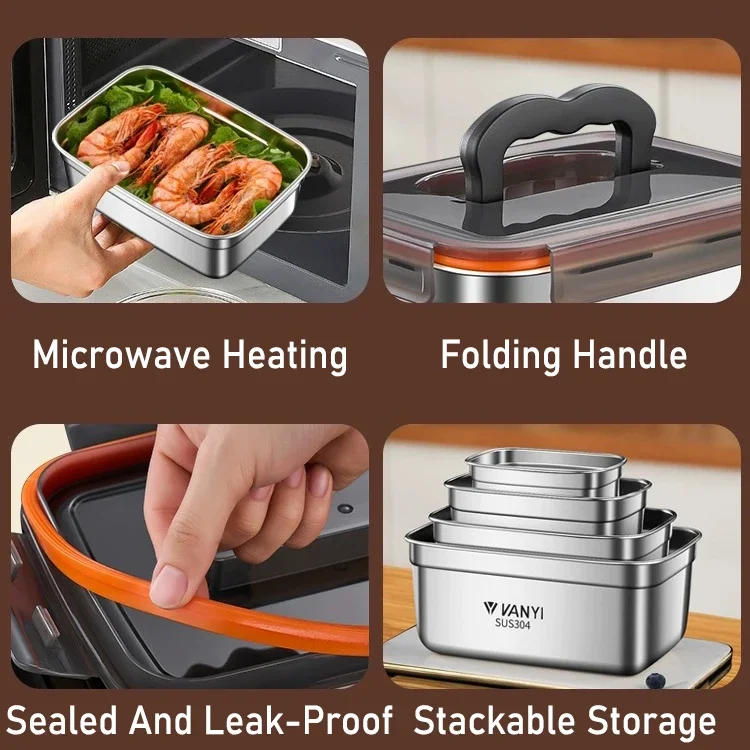 Stainless Steel Food Storage Box Leak-Proof Sealed Container Household Large Capacity Picnic Box Microwave Safe Bento Lunch Box