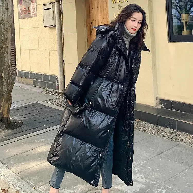 Winter Fashion Loose Jacket Women\'s Mid-Length Over-the-Knee Thickened Black Shiny Simple Women Coats and Jackets