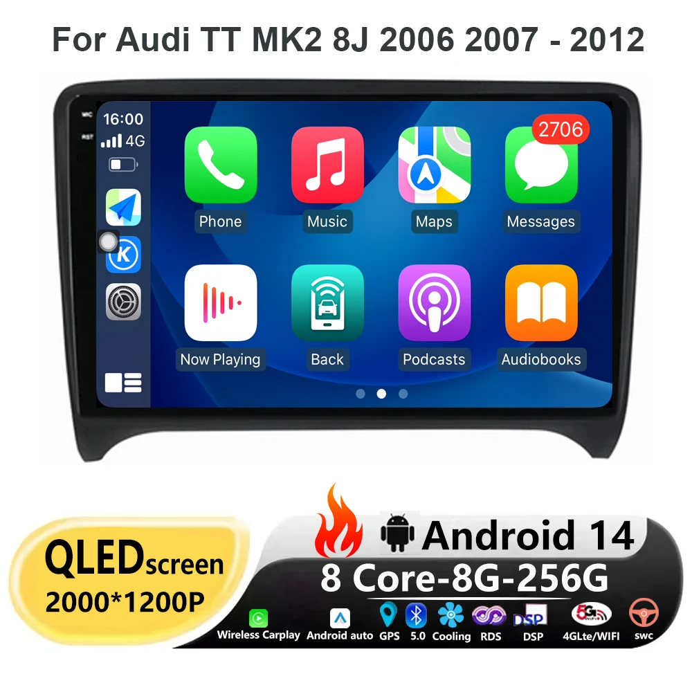 

Android 14 Car Radio For Audi TT MK2 8J 2006 2007 - 2012 4G WIFI LET Multimedia Video player Stereo GPS Auto Carplay DSP No 2din