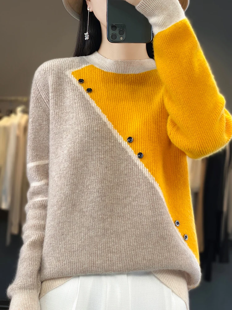 Autumn Winter New 100% Wool Knitted Pullover Women O-Neck Color Match Sweater Long Sleeve Shirt Fashion Loose Warm Thick Tops