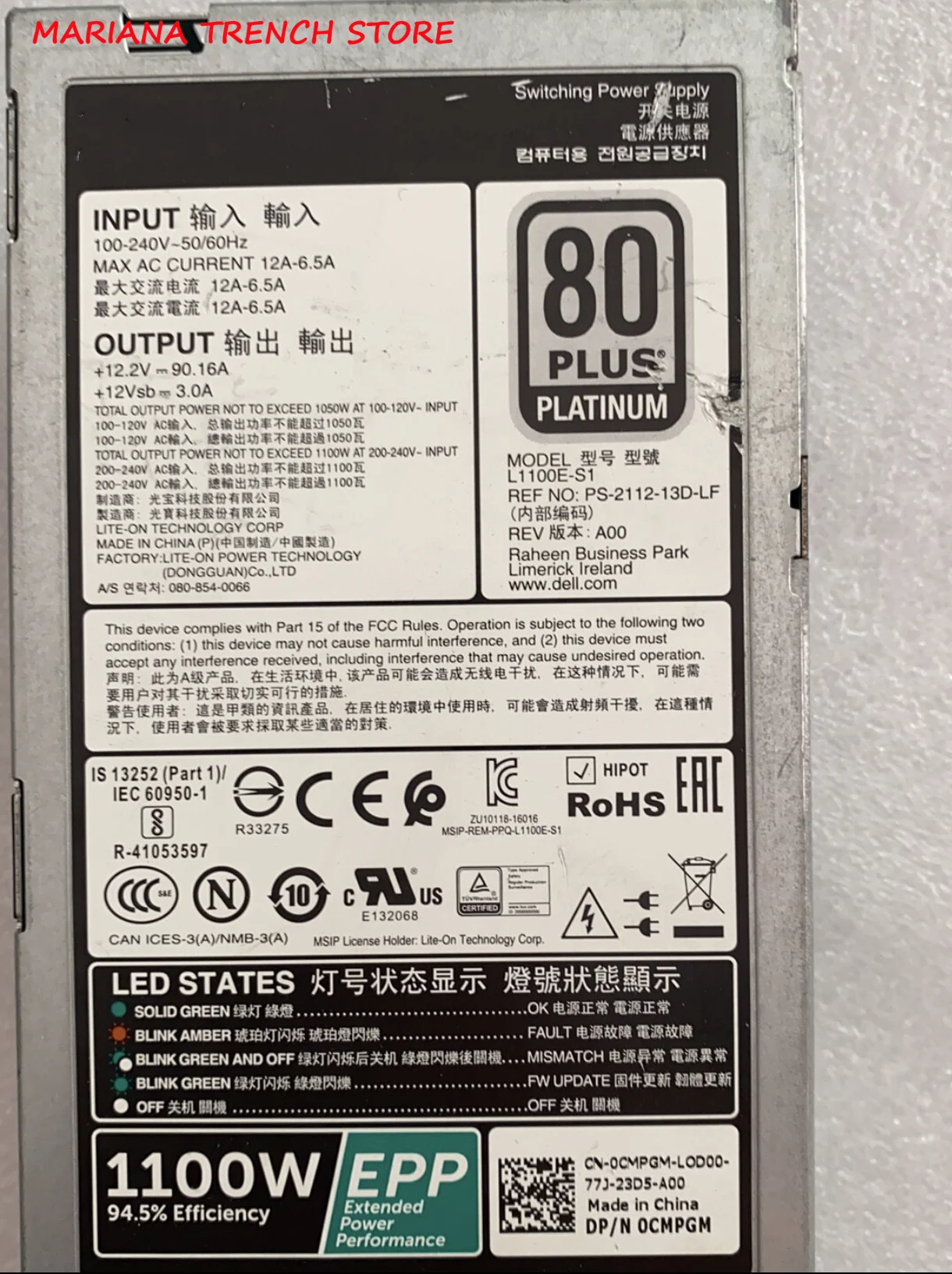 L1100E-S1 voor DELL R530 R630 R730 R730XD T430 T630 Rack Servers EPP 1100 W Schakelende Voeding