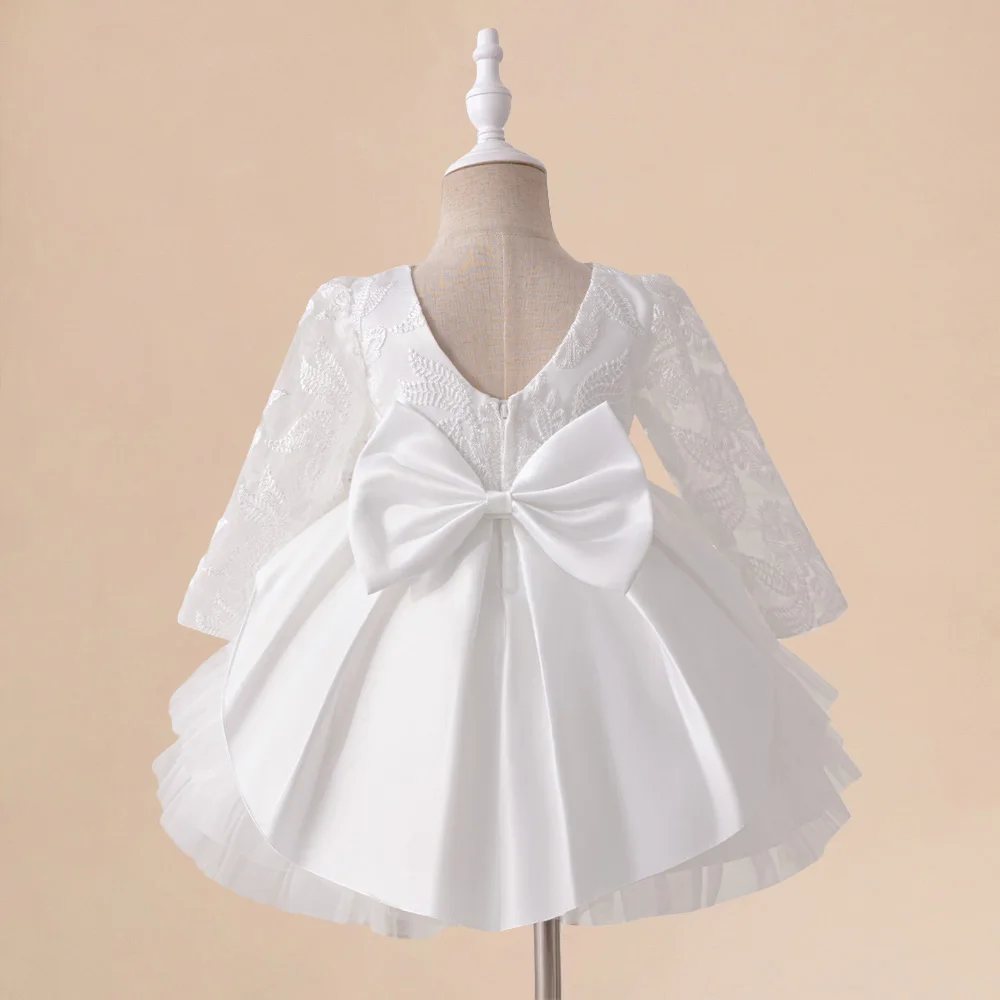 Toddler Girls 1st Birthday Princess Gown Party Dress For Baby Kids White Bow Tulle Evening Clothes Infant Summer Holiday Costume