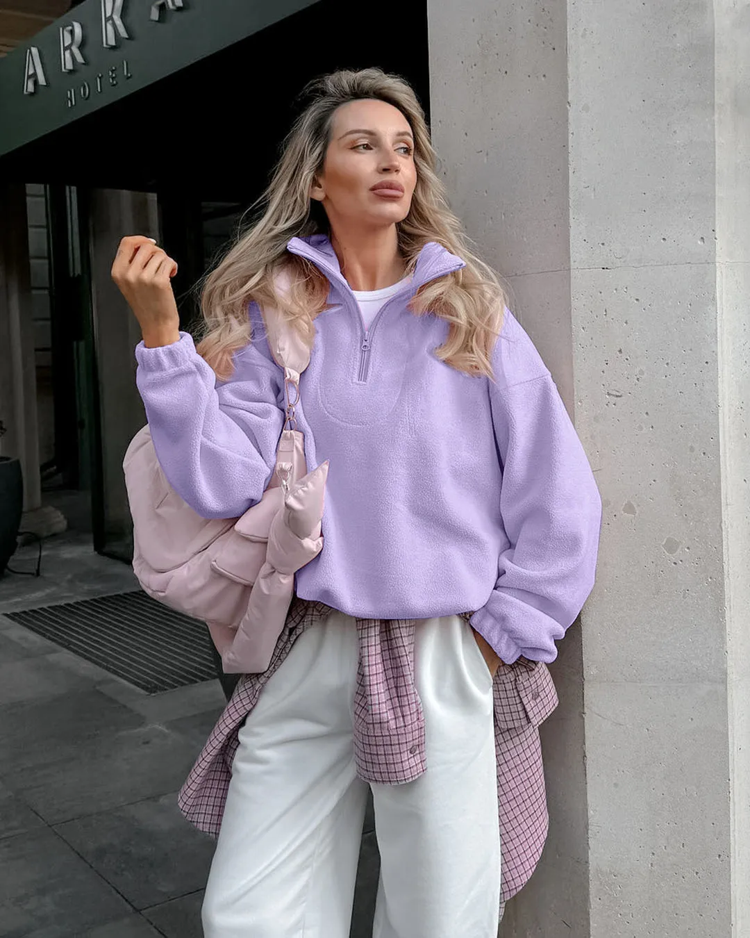 Modischer Sweatshirt mit Stehkragen aus Fleece für Damen, Herbst-Winter, einfarbig, lockerer Pullover, lässige Damenmode, halber Reißverschluss, Streetwear – Detail 4
