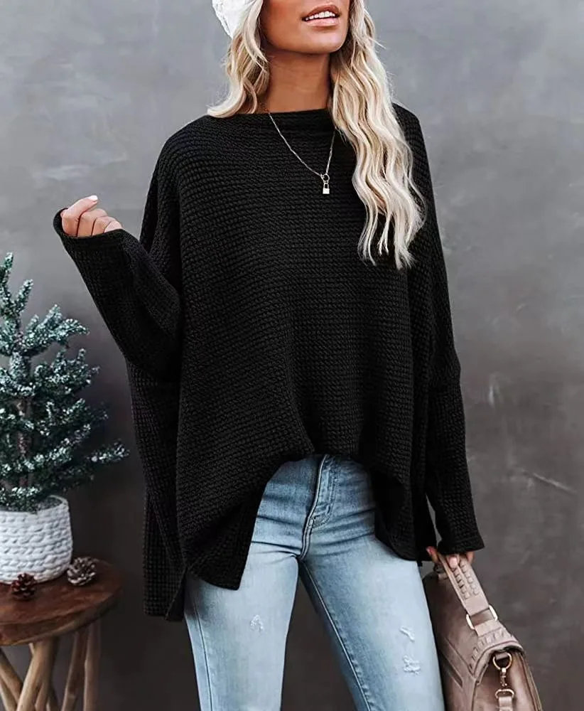 2024 new summer women\'s solid color loose top sweatshirt waffle off-shoulder sweater