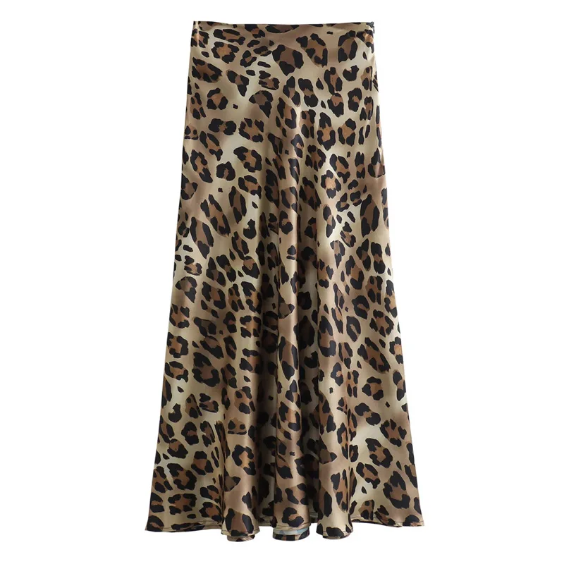 Traf leopardo impressão feminina midi saia de cintura alta elegante saias longas para mulheres outono vintage saia de cetim mulher saias elegantes