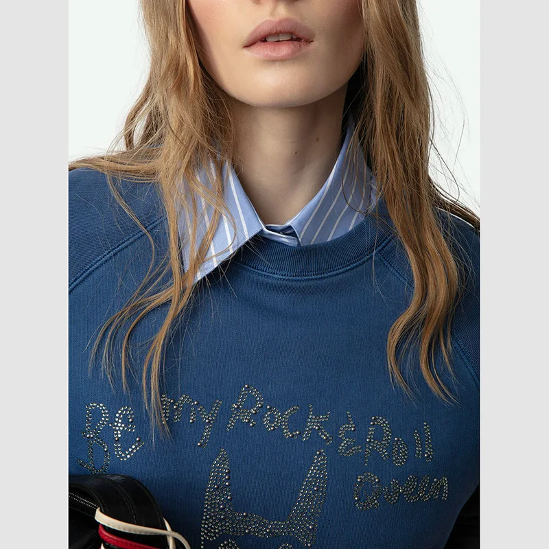 25 início do outono novo nicho francês pequeno diabo carta quente diamante clássico manga áspera azul camisola feminina