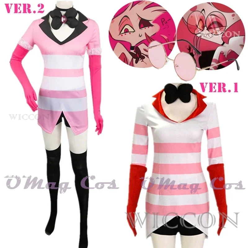 Angel Dust Cosplay Nette Anime Cartoon Cosplay Costume pour femme, déguisement d'hôtel, gants, nœud rose, robe rose, tenue d'Halloween, jeu de rôle grill