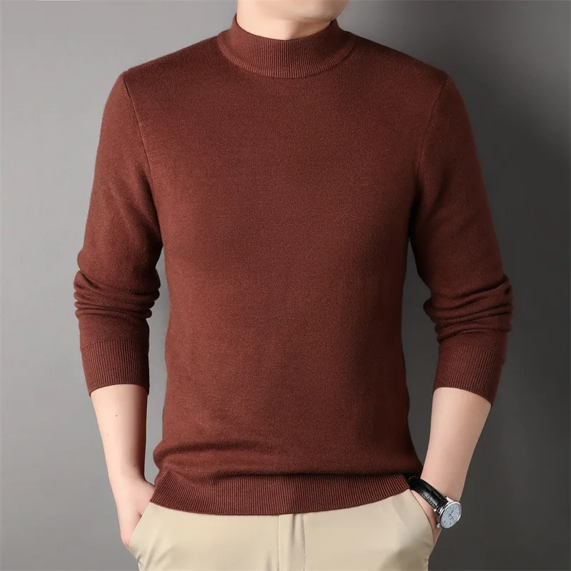 

Men's Solid Color Mid-Neck Long Sleeve Knitted Sweater Casual Inner Wear Thermal Simple Style Winter Season Essential