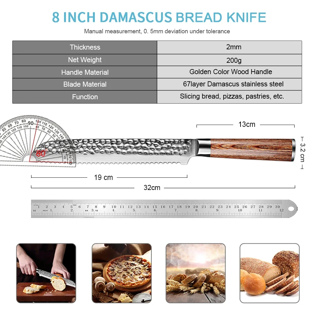 Damascus Forged Steel Bread Knife 8 Inch Pro Grade Bread Slicing Knife Serrated Edge Cake Knife, Bread Cutter for Crusty