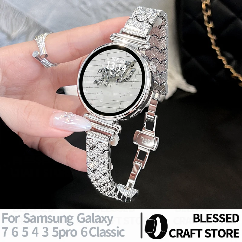 Luxury Fish‑Scale Diamond Metal Strap for Samsung Galaxy Watch 6 4 Classic 5 Pro Active 2 FE 44mm 40mm Women Bracelet 18 20 22mm