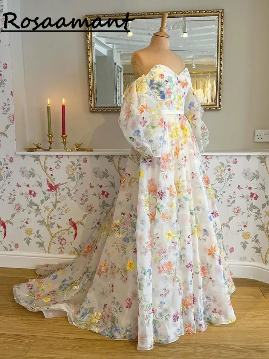 Floral Printing Wedding Dresses 2024 Bohemian Sweetheart Detachable Sleeve Beach Bridal Gown Vintage A-Line Vestido De Novia