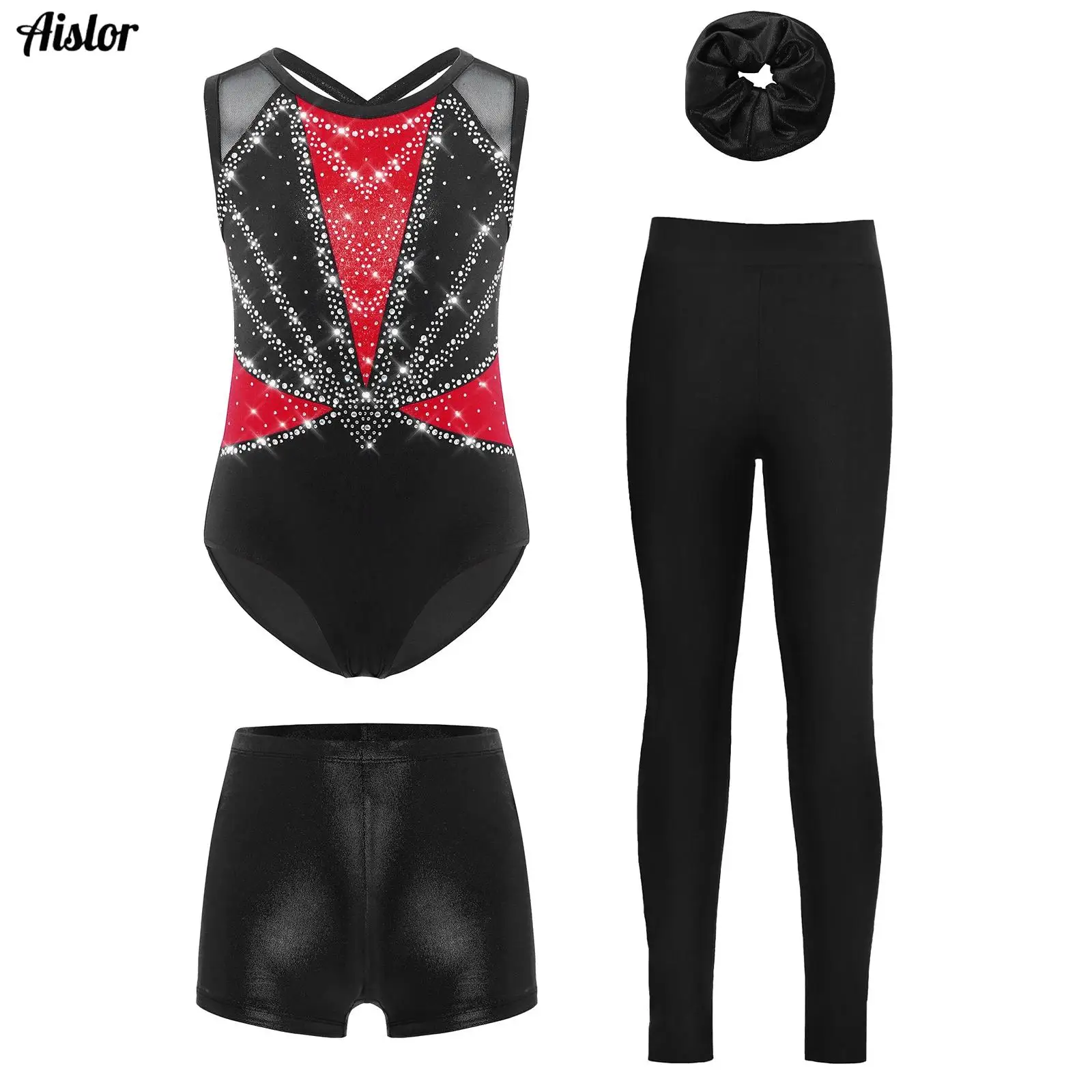 4Pcs Girls Dance Gymnastics Performance Outfit Sleeveless Crisscross Back Rhinestones Metallic Leotard+Shorts+Leggings+Hairband