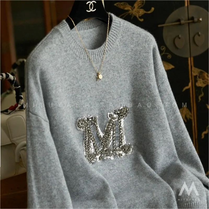 Autumn/winter new 100% pure cashmere sweater women M letter nailed beaded embroidery round neck knitted jumper wool base sweater