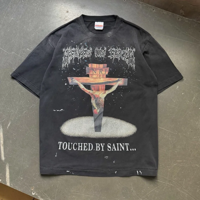 SAINT Cross-Icon Embroidered T-shirt Summer Black Men's Women's Casual Loose Fit TEE