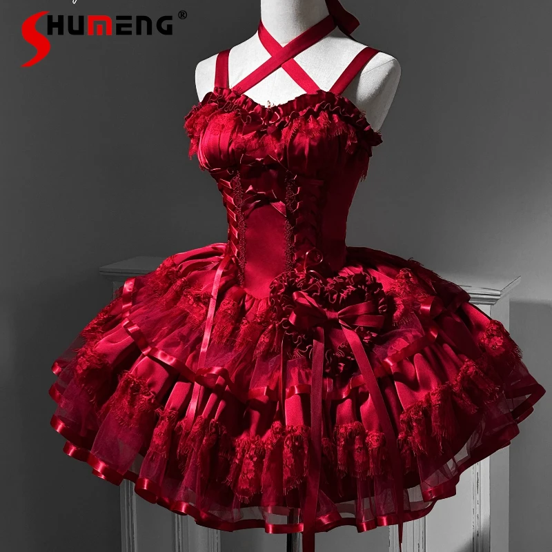 

Red Gothic Lolita Cos Dress Girls Women's Ballet Style Fishbone Lace Patchwork Slim Princess Birthday Party Lolita Puffy Dresses