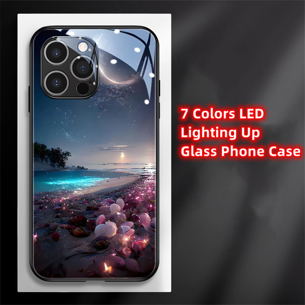 

Moon Stars Sea Luminous Glass LED Call Light Up Flash Phone Case Cover For iPhone 15 14 13 12 11 Pro Max X XR XS 6 7 8 SE2020