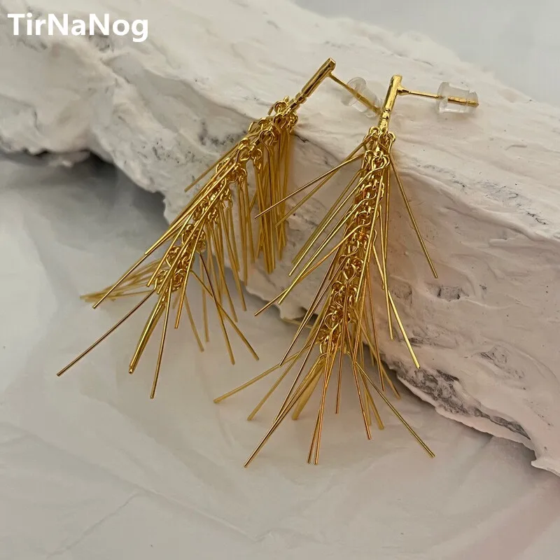 European And American Fashion Metal Exaggerated Long Tassels Wheat Earring Contracted Geometric Woven Stud earrings