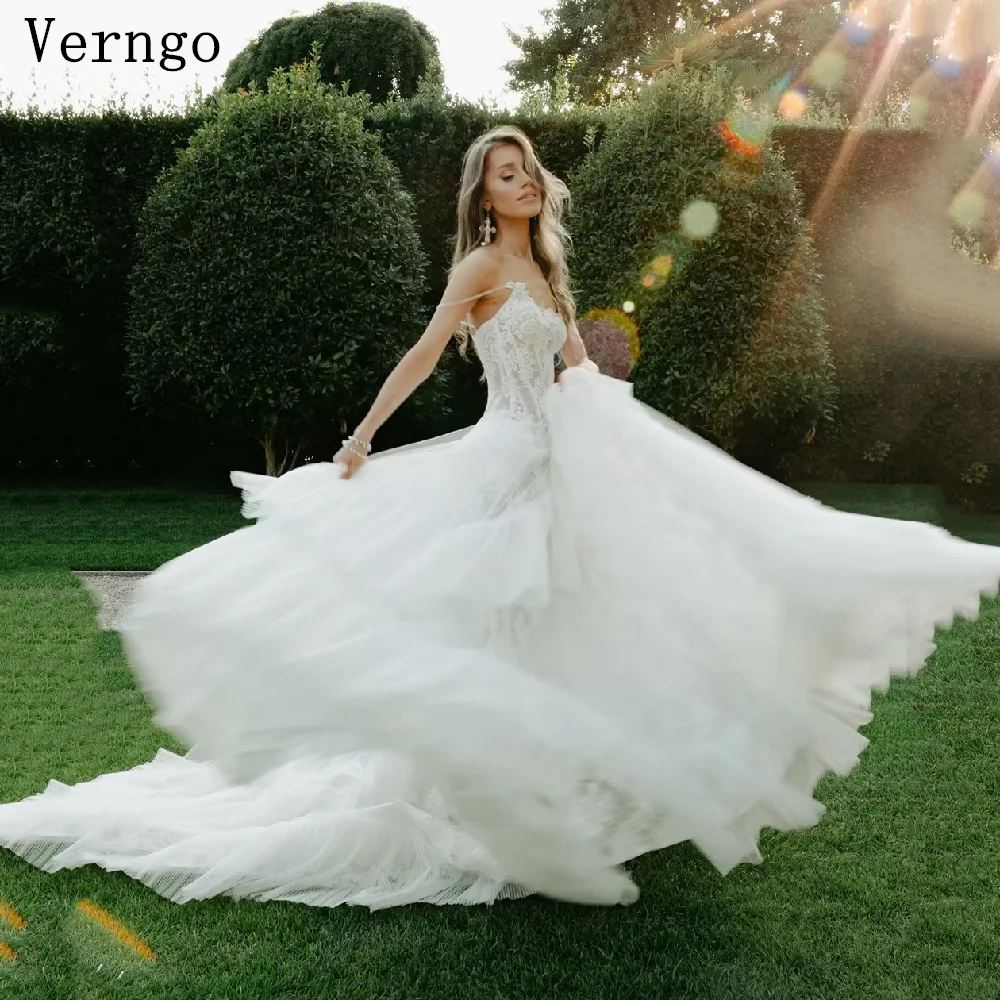 Verngo Luxury Lace Wedding Dress Spaghetti Straps A Line Bone Prom Bride Dresses Elegant Sweep Train Bridal Gown Customize