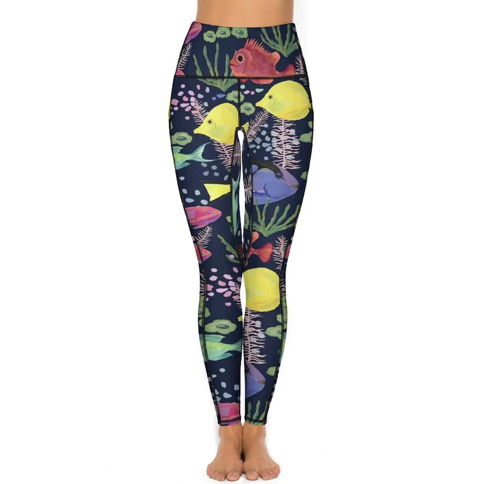 Sea Fish Leggings Sexy Colorful Ocean Workout Yoga Pants High Waist Stretch Sports Tights Pockets Breathable Printed Leggins