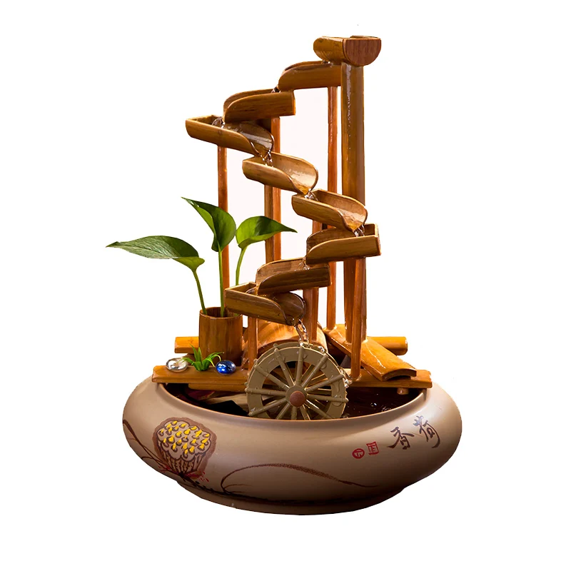 New Chinese ceramic running water fountain water feature lucky feng shui wheel creative bamboo running water table office orname - view 5
