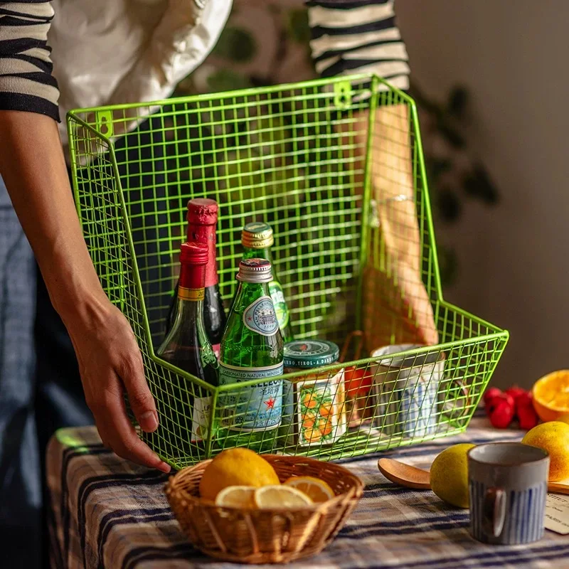 

Vintage Metal Wire Storage Basket, Green Grid Wall Mount Organizer with Shelf, 33x30x28cm, Industrial Style Home Decor