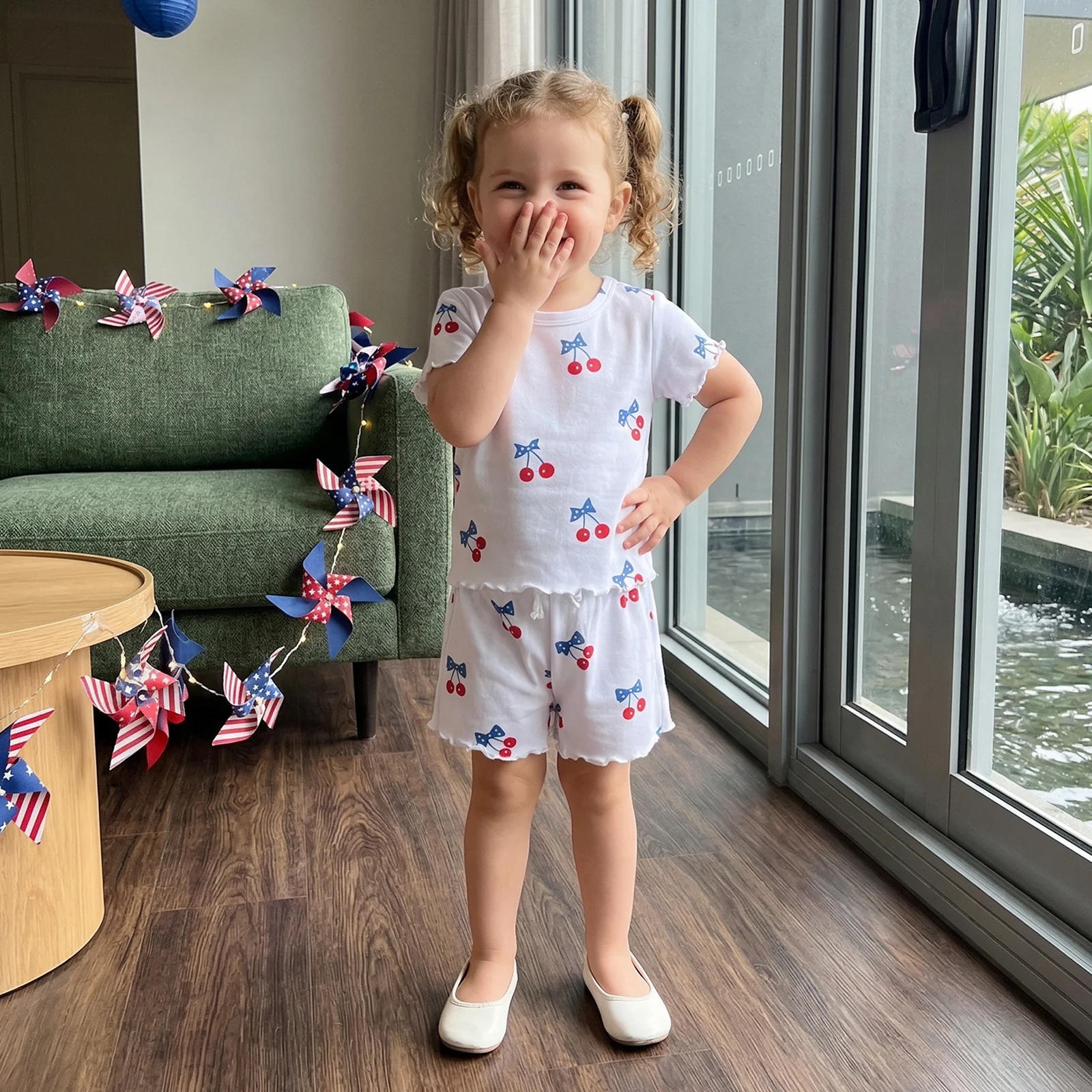 Toddler Baby Girl 4th of July Outfit Fashionable Cherry Print Short Sleeve T-shirt with Shorts Summer Independence Day 2Pcs Set