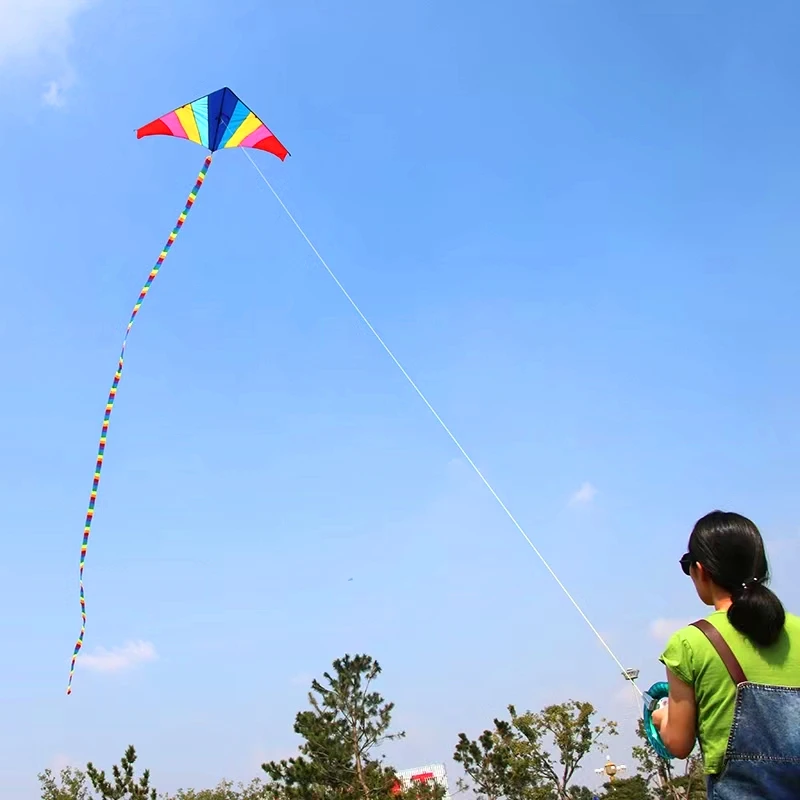 free shipping 180cm rainbow kite flying toys outdoor fun large delta kites windsocks kite string reel for adults kites factory