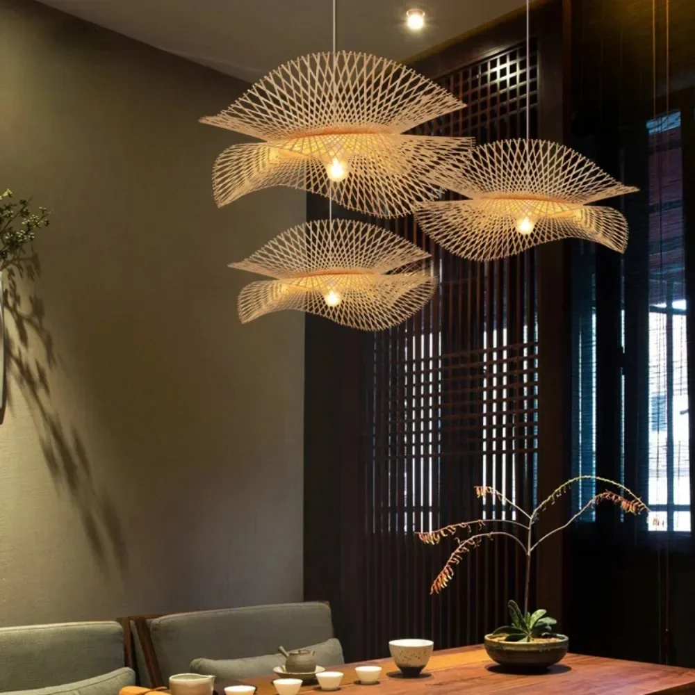 Rattan Pendant Lighting Fixture Japanese Bamboo Chandelier Wicker Lamp Shades for Living Room Bedroom Restaurant Cafe Teahouse