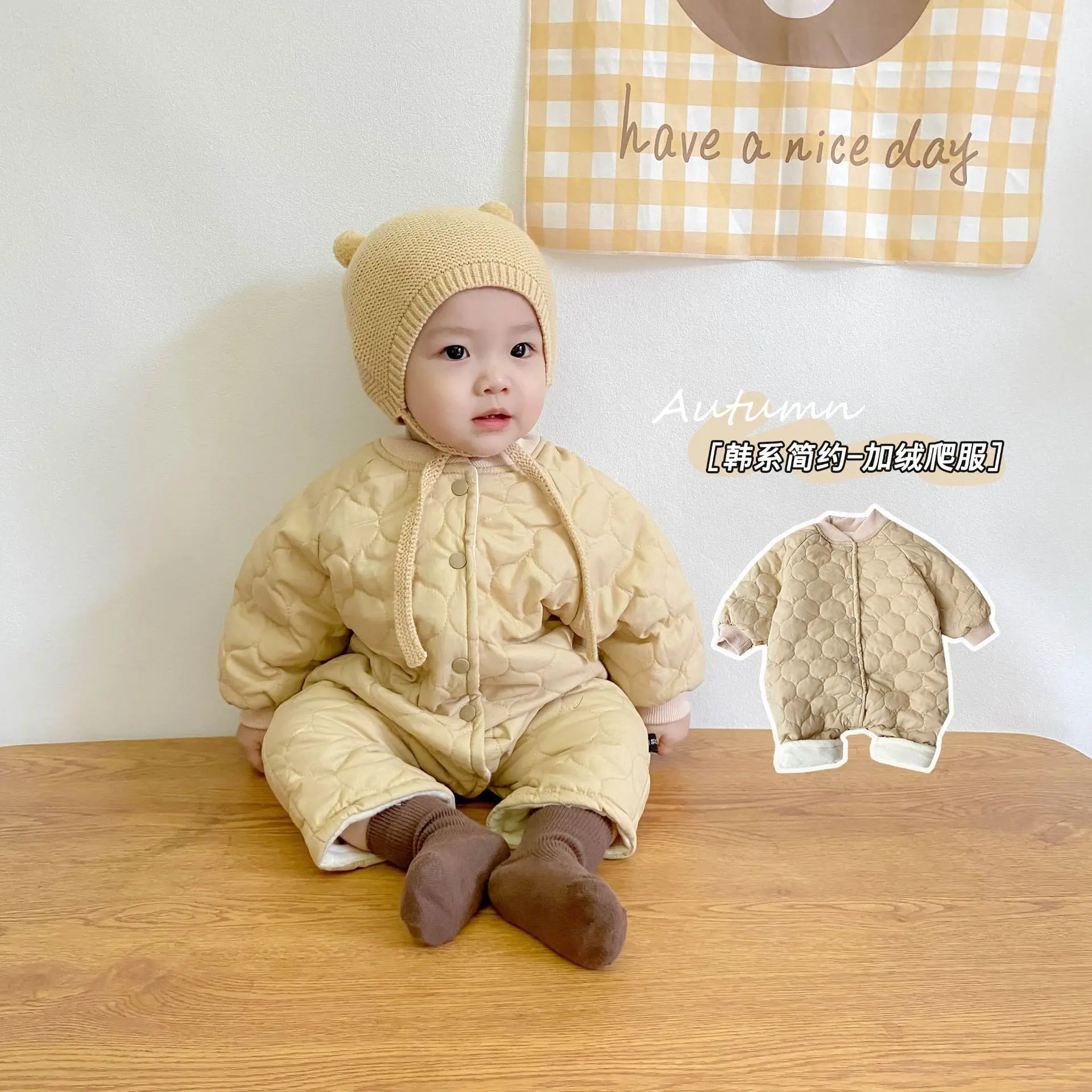 Baby Winter Winter Suit Diamond Wavy Quilted Cotton Jumpsuit Baby Crewneck Versatile Plush Climber