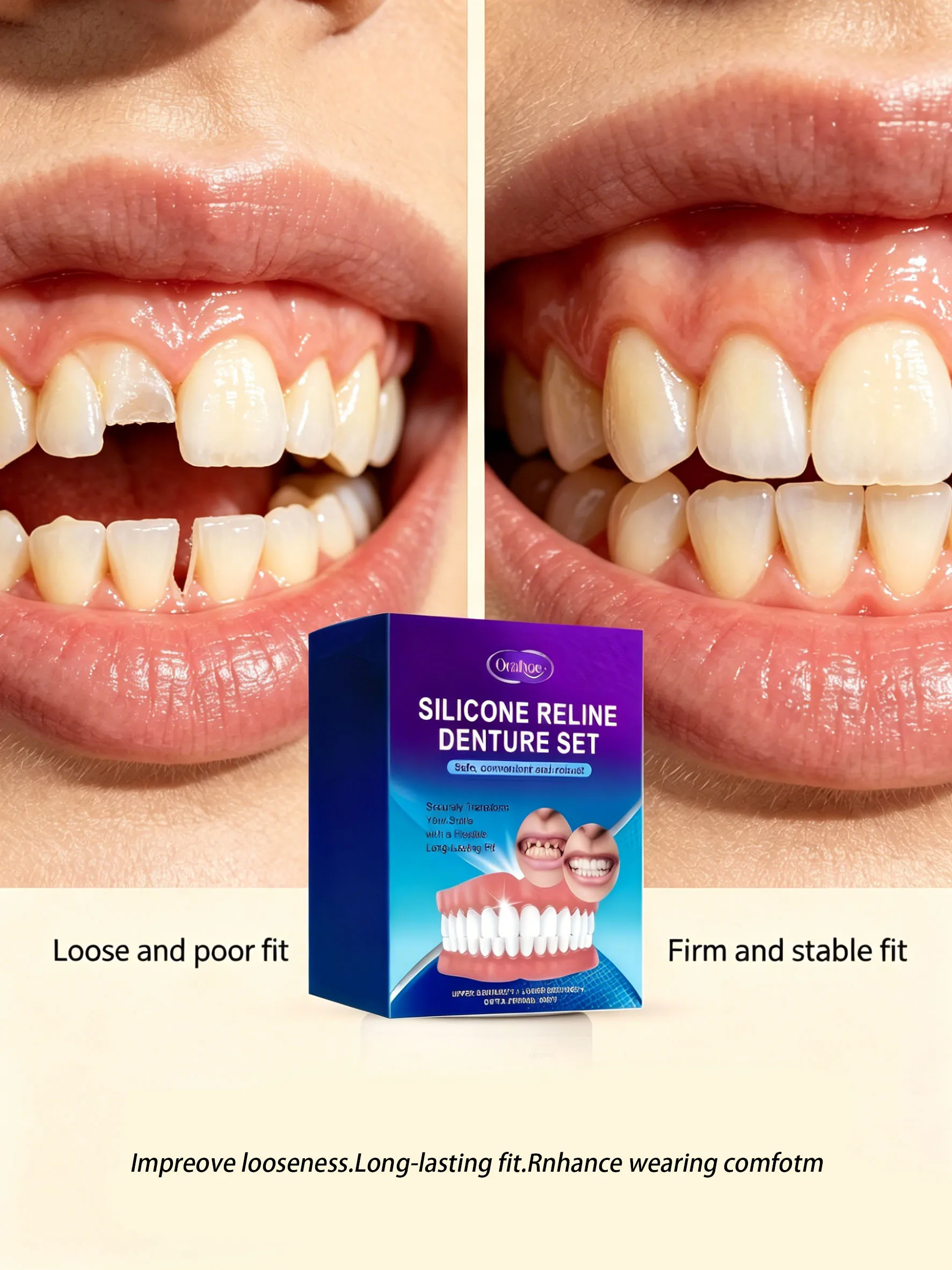 

Unisex Silicone Dental Denture Set, Soft Comfortable White False Teeth, Odor Free Easy Clean Design with Matching Tools H2931-26