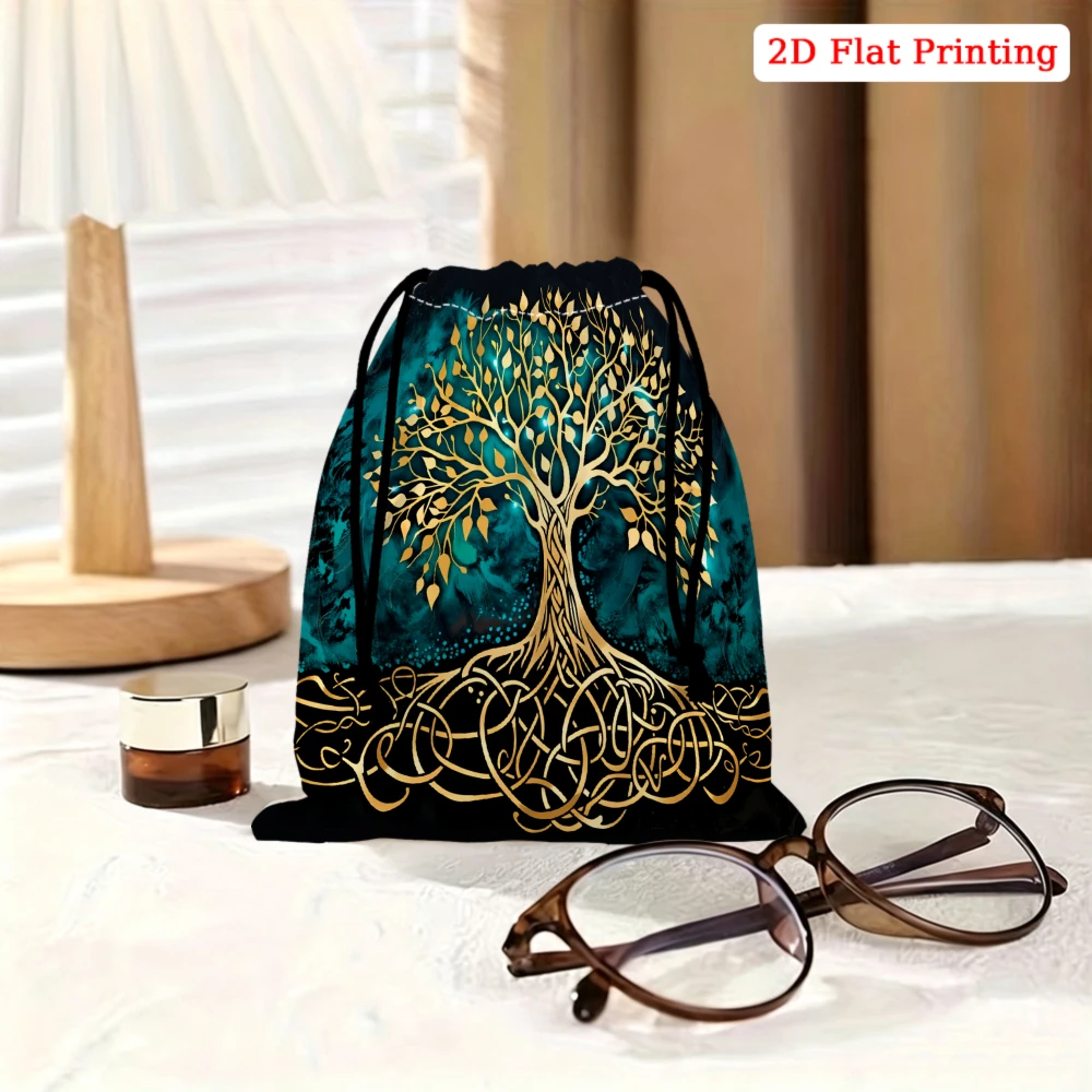 1Pc Celtic Tree Of Life Drawstring Bag Teal Gold 2D Flat Printing Storage Small Pouch For Glasses Jewelry Cosmetics Travel Organ