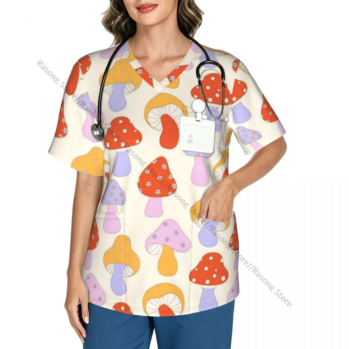Women Scrubs Blouse Medical Nurse V-neck Clinical Scrubs Top Mushrooms Pop Color Style Hipster Retro Operating Room Work T-shirt