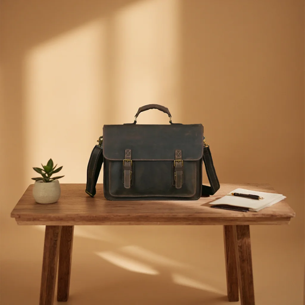Men Genuine Leather Briefcase 15 Inch Laptop Bag Vintage Crazy Horse Leather Business Shoulder Messenger Bag for Work Office