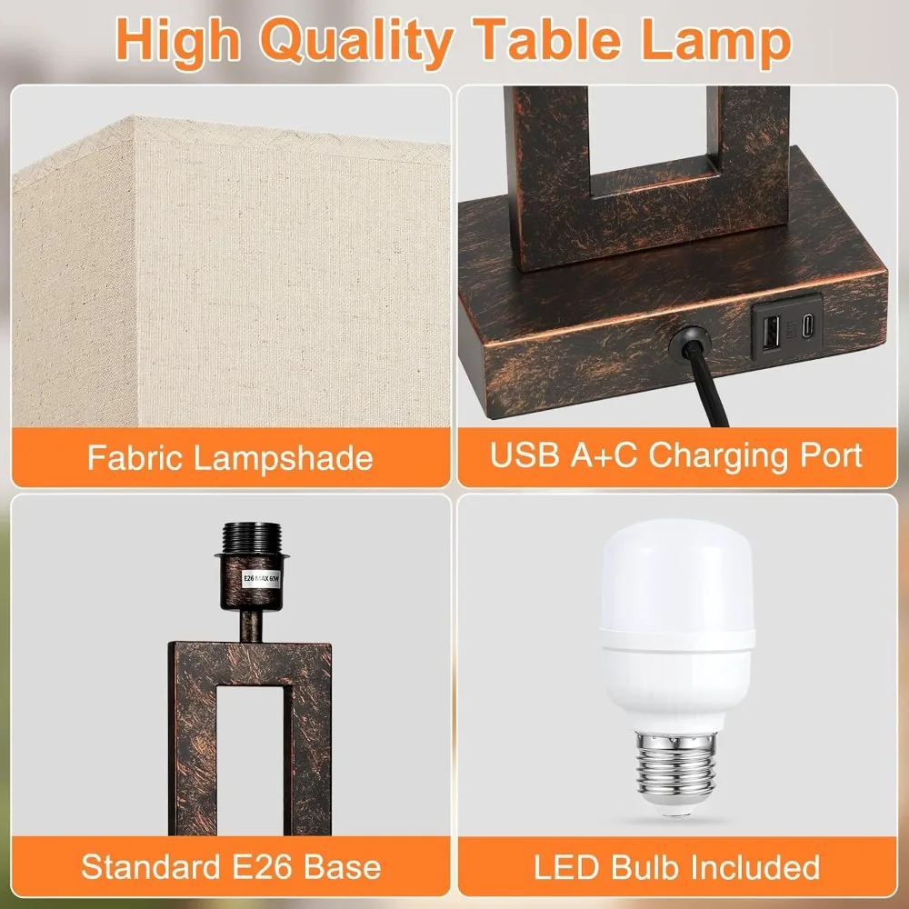 22" Touch Bedside Lamps Set of 2 with USB-C & A, 3-Way Dimmable Night Stand Lamps for Living Room, Bedroom, Beige & Brown view 5