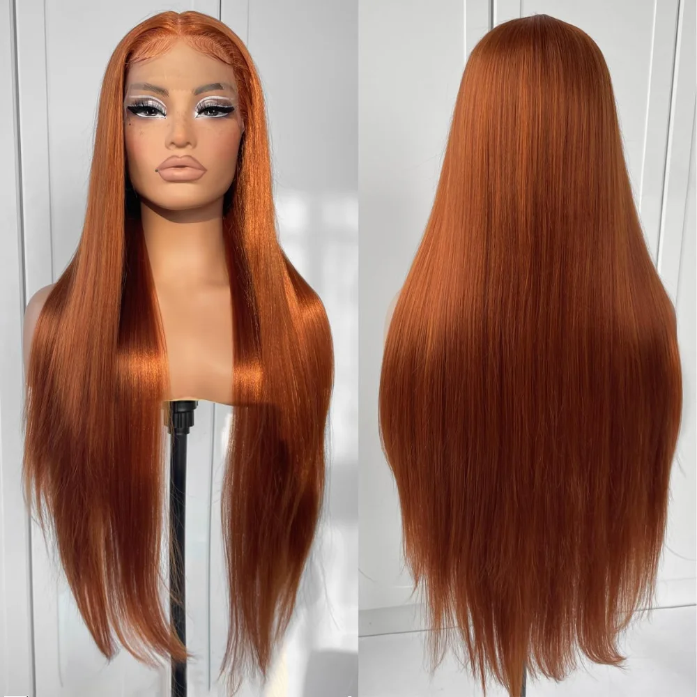 Ingwer Orange Farbe Langes Glattes Haar 13*4 Lace Front Perücken Kupferrotes Haar Glueless Pre Gezupft Synthetische Lace Front Perücken