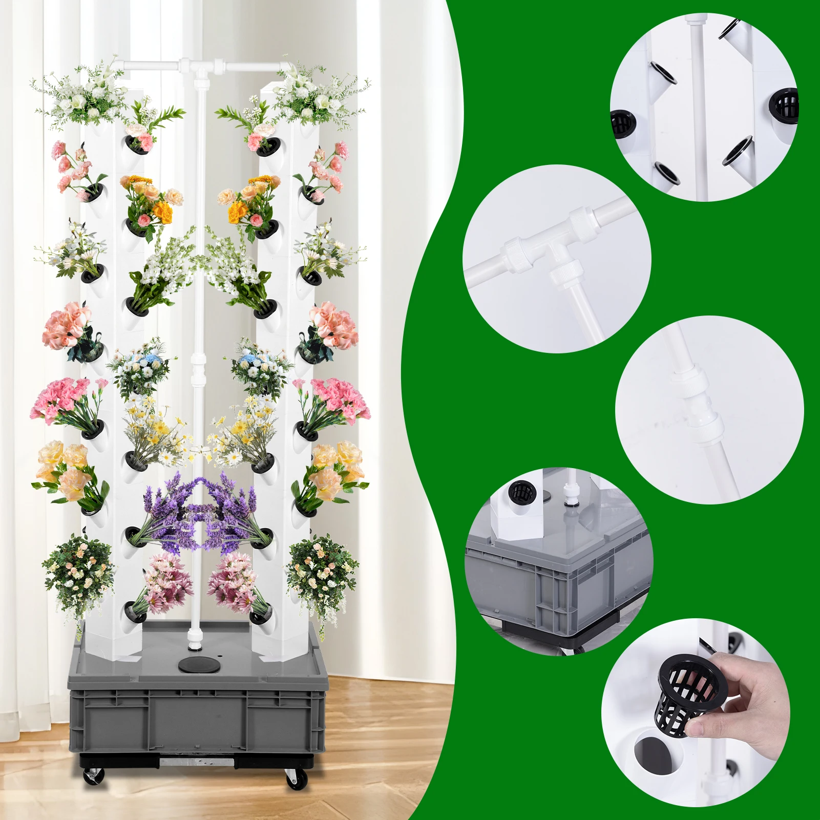 56 Slots Hydroponics Tower, Vertical Hydroponic Garden Tower, Multifunctional Plants Germination Kit with Water Pump, Outdoor Indoor Use