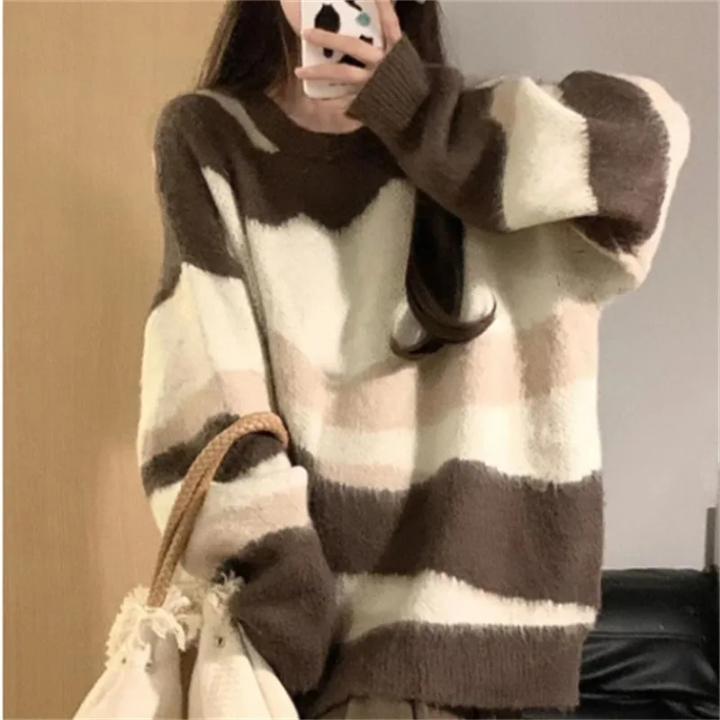 2024 Mid-length Lazy Style Sweater Women's Autumn and Winter New Fashion Retro Contrast Color Design Striped Sweater for Women