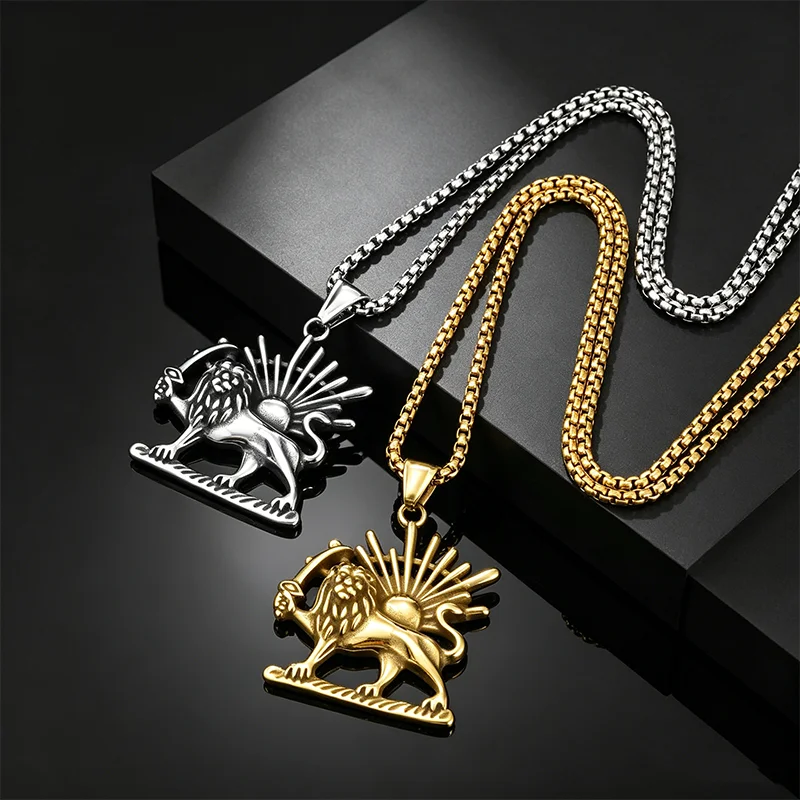 Persischer Löwe und Sonne Anhänger Halskette für Männer, Edelstahl Persien Shamshir Löwen-Halskette, Iranischer Modeschmuck Geschenke – Detail 8