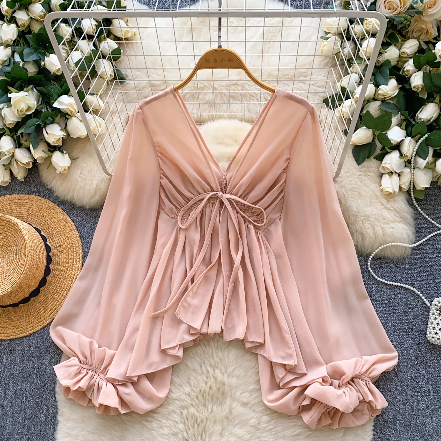 

Винтажная элегантная шифоновая блузка с рукавами-фонариками и длинными рукавами, модная рубашка, повседневная женская рубашка Fairy