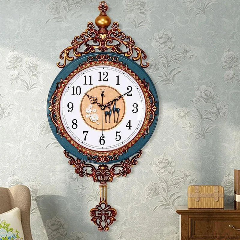 European Pendulum Wall Clock Silent Non Ticking Decorative Analog Clock with Golden Carving Deer Pattern for Home Living Room