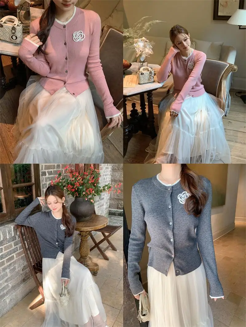 

Элитный свитер ручной работы с бисером и камелиями, осенне-зимний женский трикотаж, модный повседневный стиль