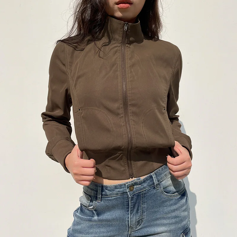 2026 Early Autumn New American Tooling Waist Jacket Retro Brown Zipper Turtleneck Casual Fashion Coat