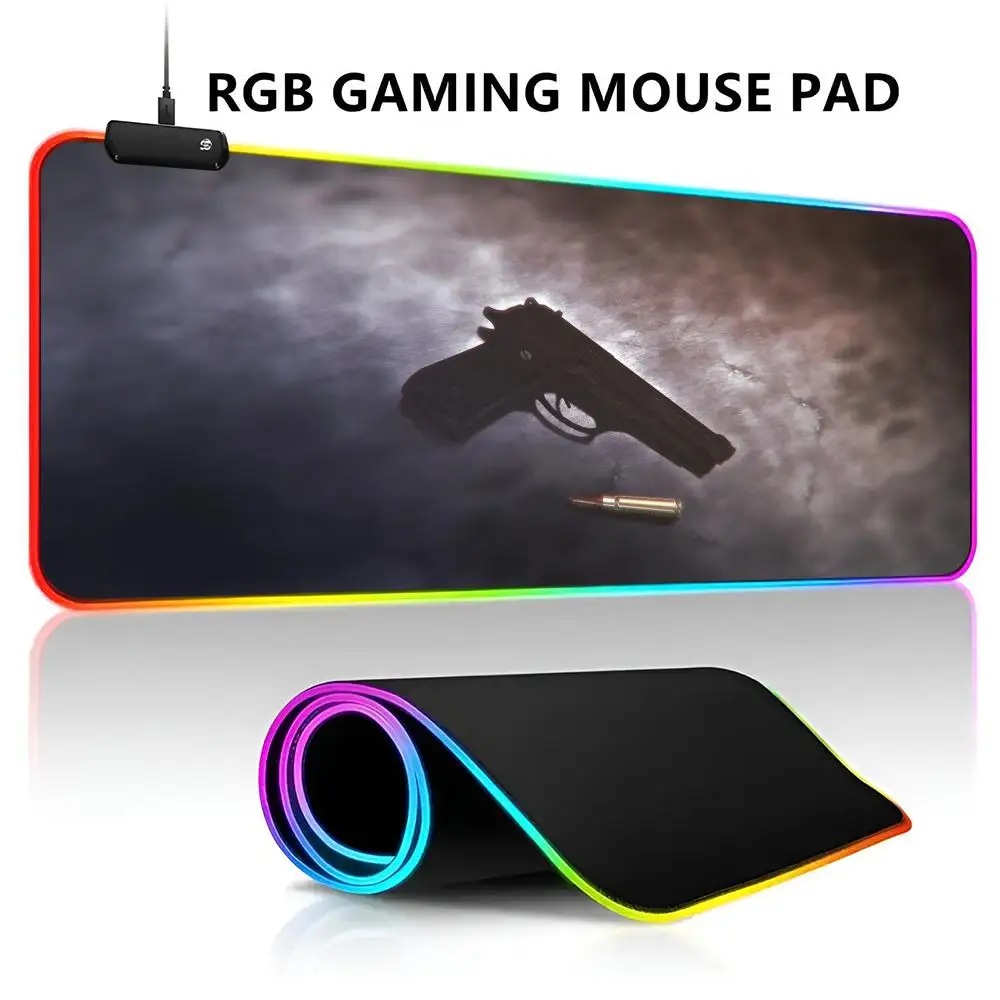 Glock Handgun Logo Gaming Mousepad, Luz LED RGB, Tapete de Rato Gamer Grande Impermeável, Almofada de teclado grande